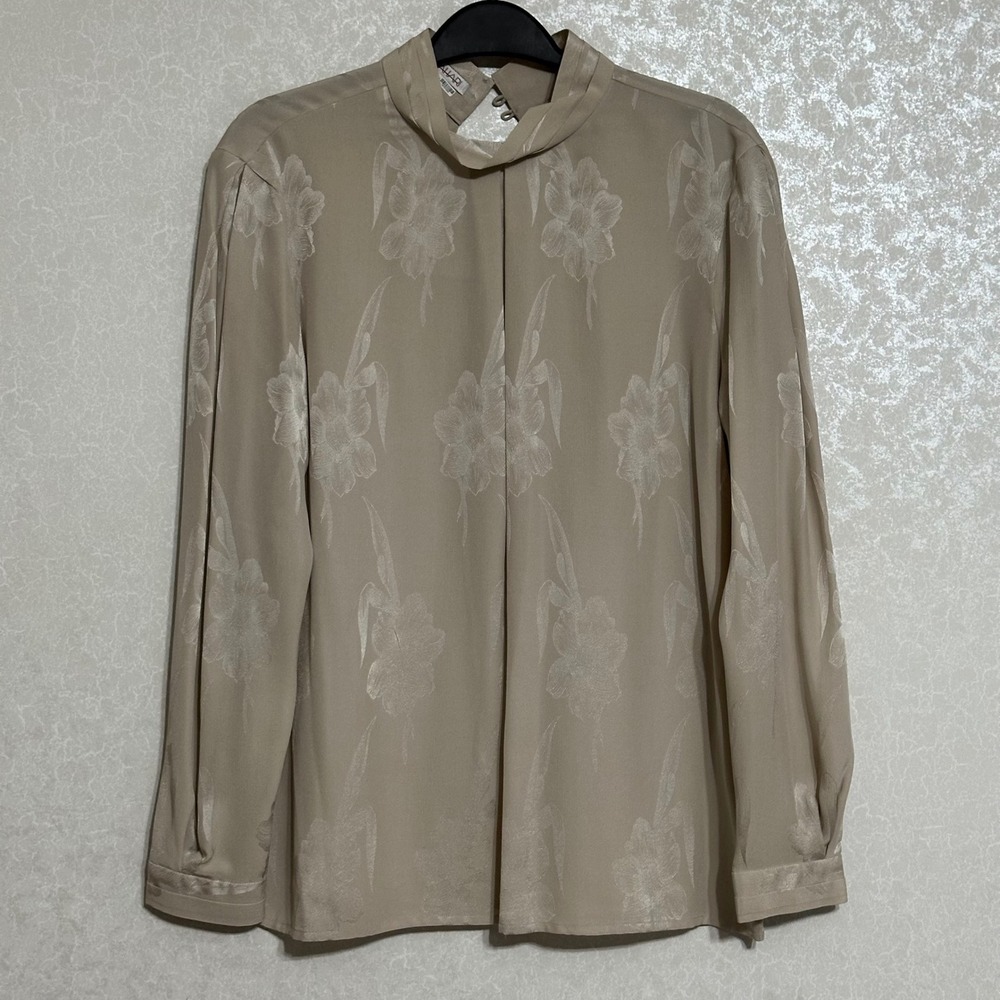 Tahari Floral Jacquard Mock Neck Blouse 100% Silk Vintage Champagne Minimalist M